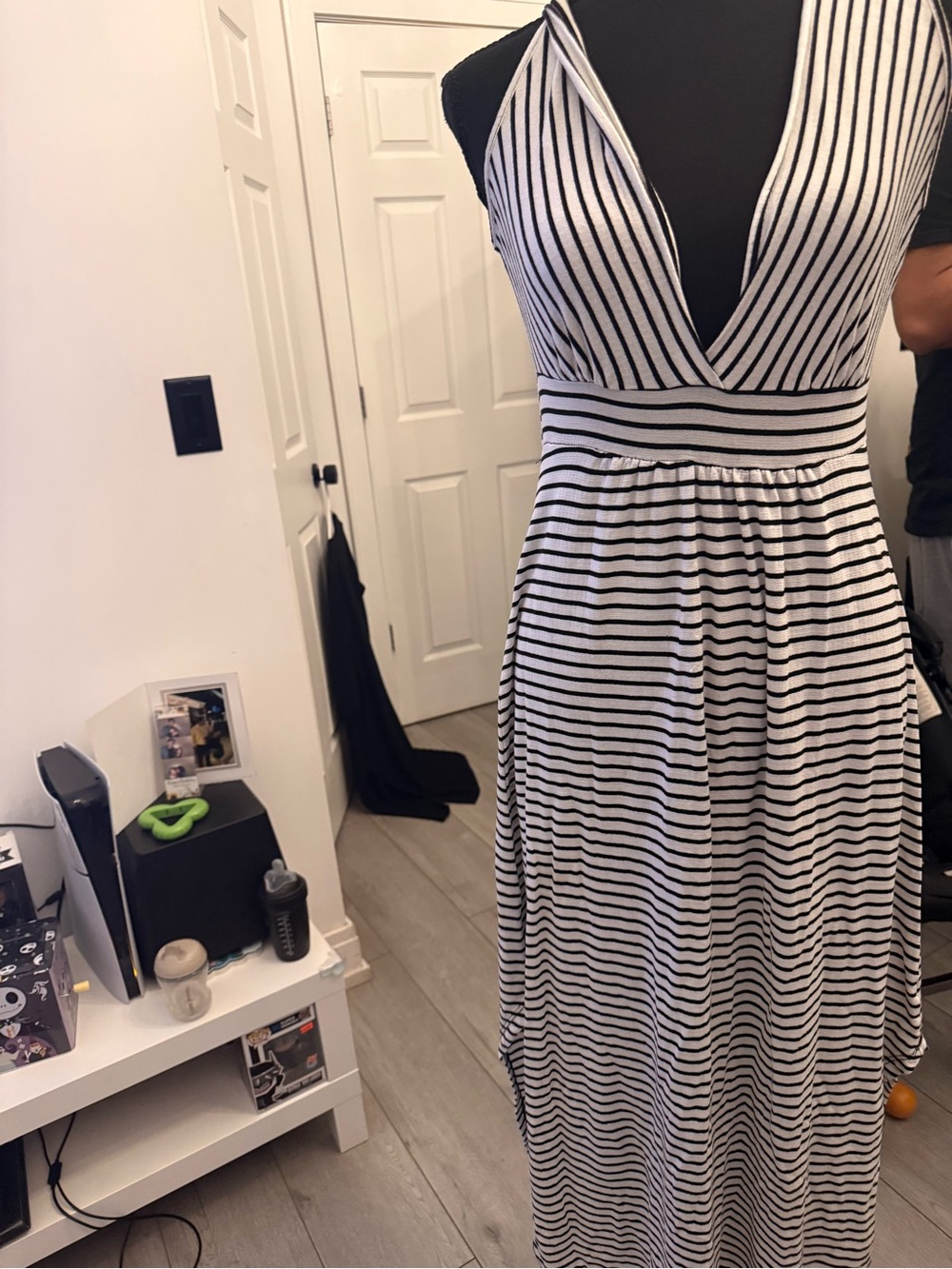 Rolla Coster Black and White Striped V-Neck Maxi Dress